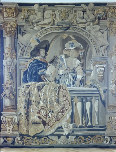 Tapestry with a lady and cavalier on a balcony by Flemish School